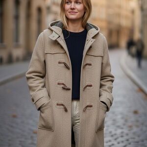 Lady Thompson Vintage Beige Hooded Wool Coat with Leather Toggles